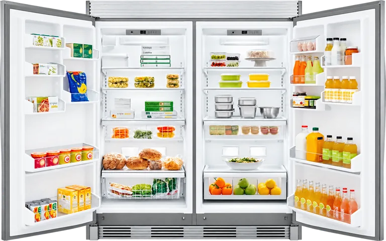 Refrigerador y congelador instalados en pareja, con las puertas abiertas y alimentos en su interior